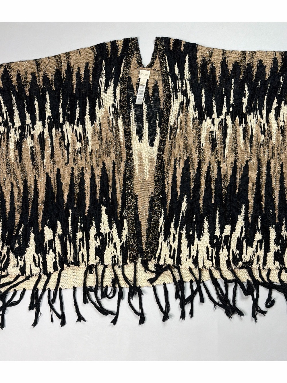 Chico’s sequin embellished Fringe Hem Open Cardigan - Black, Cream & Tan